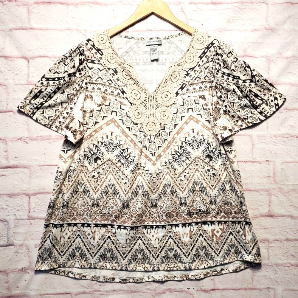 Catherines Boho Crochet Tunic Top Womens‎ 0X Beige Tribal Geometric Festival